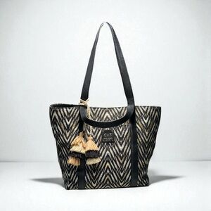 Henri Bendel Black and Tan Chevron Shoulder Tote Bag